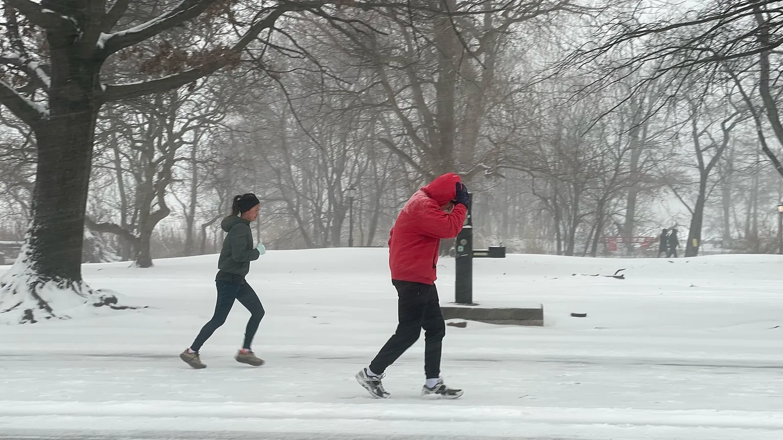 Two runners in jackets and tights on a snow-covered path